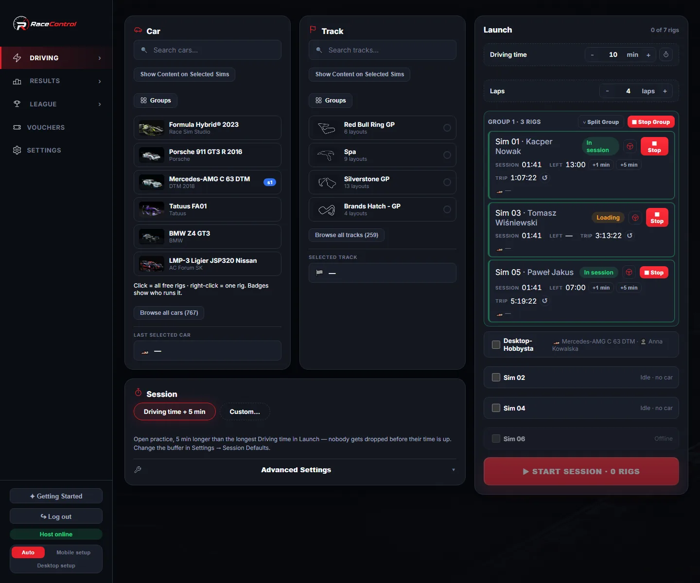 Ekran AC Quick Launch w RaceControl z kafelkami statusu każdego symulatora